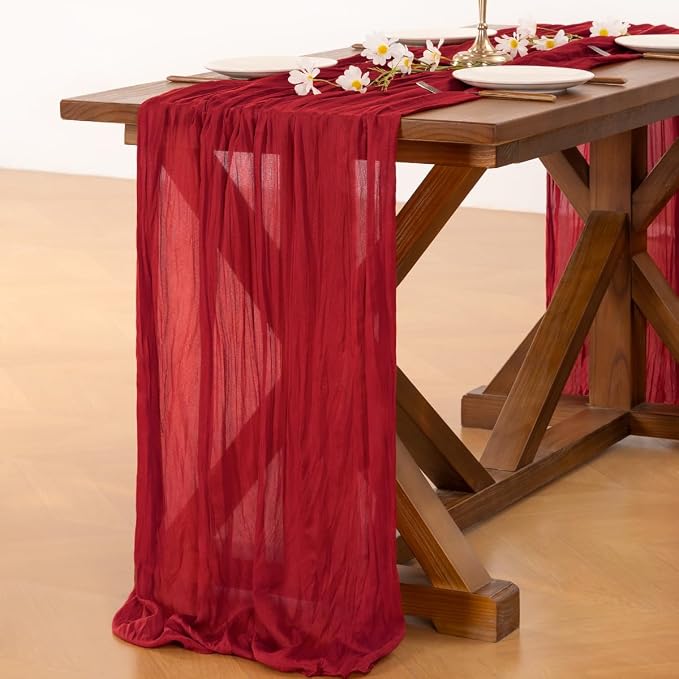 Socomi 2pcs Red Summer Cheesecloth Table Runner Boho Rustic Gauze 120 inch 10FT Cheese Cloth Sheer Runner for Wedding Party Baby Shower Birthday Home Decor Holiday Decorations