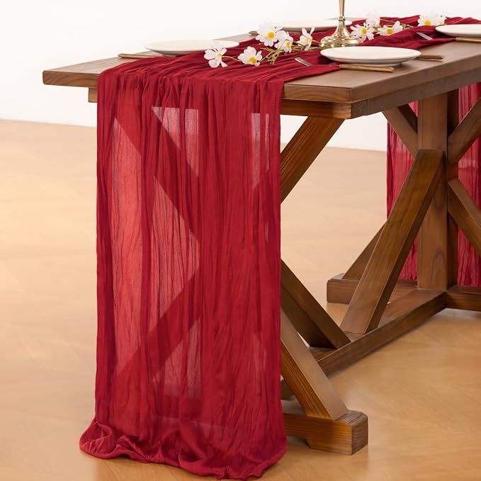 Socomi 2pcs Red Easter Spring Cheesecloth Table Runner Boho Rustic Gauze 120 inch 10FT Cheese Cloth Runner for Wedding Party Baby Shower Birthday Home Decor Holiday Decorations