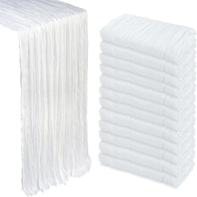 12 Pack White Cheesecloth Table Runner 10Ft Spring Gauze Cheese Cloth Table Runner 35x120 Inch Boho Sheer Rustic Fabric for Party Decor Baby Shower Wedding Holiday Decorations
