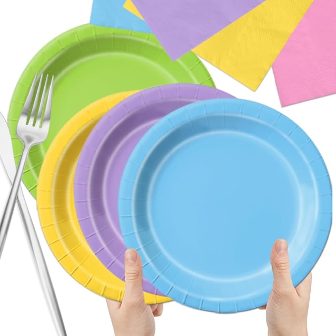 CMUSKO 60Pcs Rainbow Plates and Napkins - Cute Bear Party Decoration Colorful Pastel Tableware for Birthday,Baby Shower,Wedding