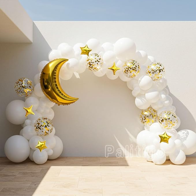 White Balloon Garland Kit - 131pcs White Balloons with Moon and Star, Perfect for Twinkle Twinkle Little Star Baby Shower, Gender Reveal,Birthday Parties, Weddings and Festive Celebrations