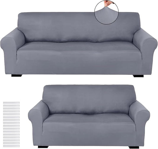 Peryiter 2 Pcs Sofa Covers Couch and Loveseat Covers Set Stretch Sofa Slipcover for Living Room Armchair Furniture Protector, Wrinkle Proof(Light Gray,Milk Silk)
