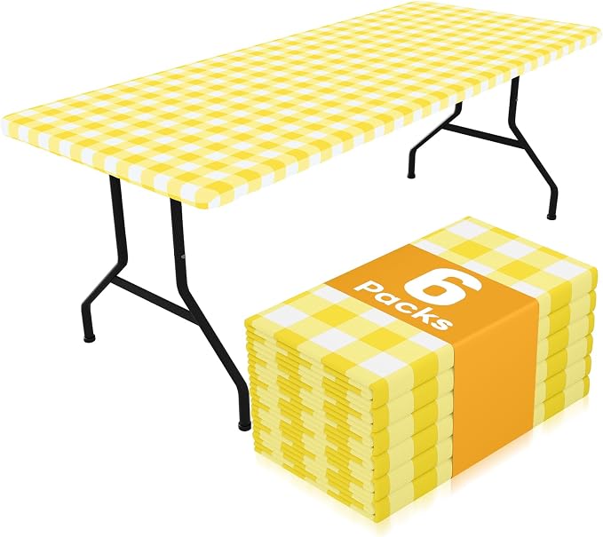 Smiry Picnic Table Cloth 6 Pack, Waterproof Elastic Fitted Tablecloths for 24x48 Rectangle Tables, Washable Polyester Buffalo Plaid Tablecloth for Camping, Dining & Outdoor (Yellow & White, 24" x 48")