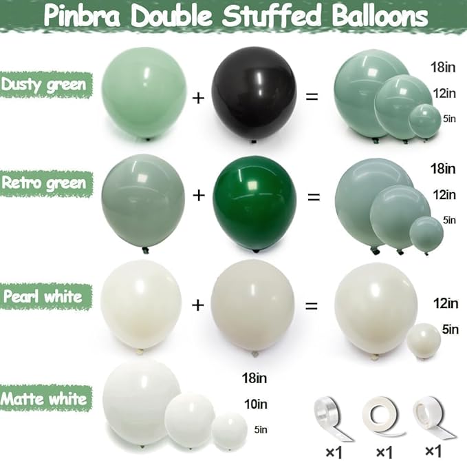 Sage Green White Balloon Garland Double Stuffed Dusty Green White Pearl Balloons Olive Pastel Balloon Arch Kit for Baby Shower Bridal Shower Birthday Easter Baptism Graduation Party Decorations