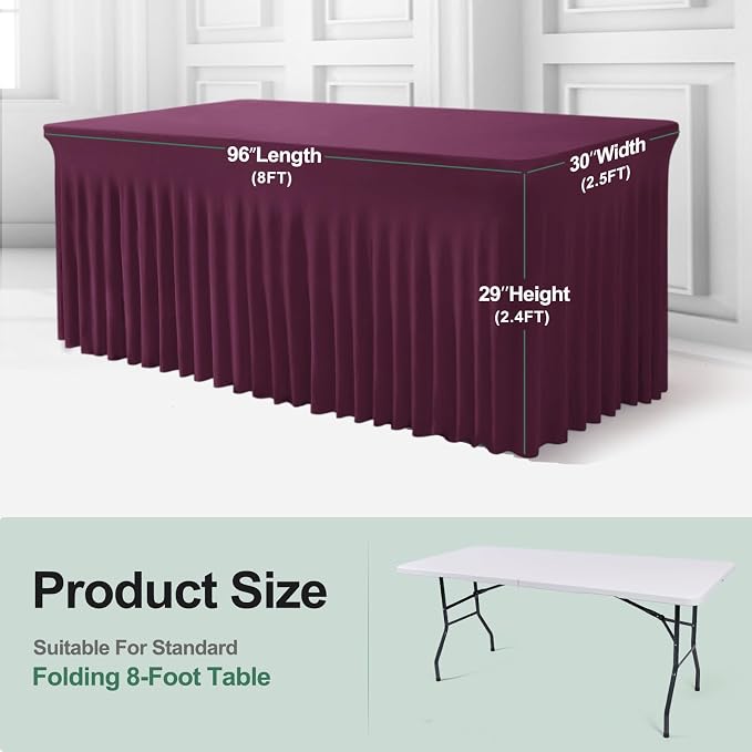 BDDC One-Piece Spandex Table Cover Skirt for 8FT Rectangle Tables | GRS-Certified Eco-Friendly Fabric, Elastic Fitted Ruffle Tablecloth, Washable, For Banquets, Weddings & Parties