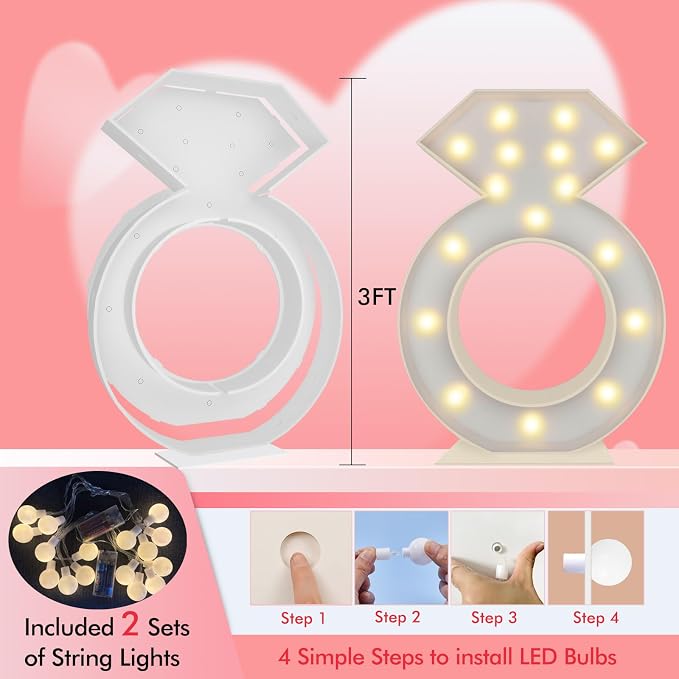 3FT Tall Marquee Light Up Diamond Ring Large DIY Mosaic Balloon Rings Frame Pre Cut Kit for Bridal Shower, Engagement, Wedding Proposal Decorations Party Backdrop Decor