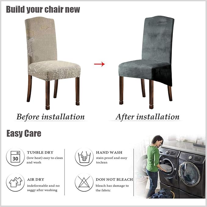 Velvet Plush XL Dining Chair Covers, Stretch Chaircover, Spandex High Chairs Protector Covers Seat Slipcover with Elastic Band for Dining Room,Wedding, Ceremony, Banquet (Light Grey, Set of 4)