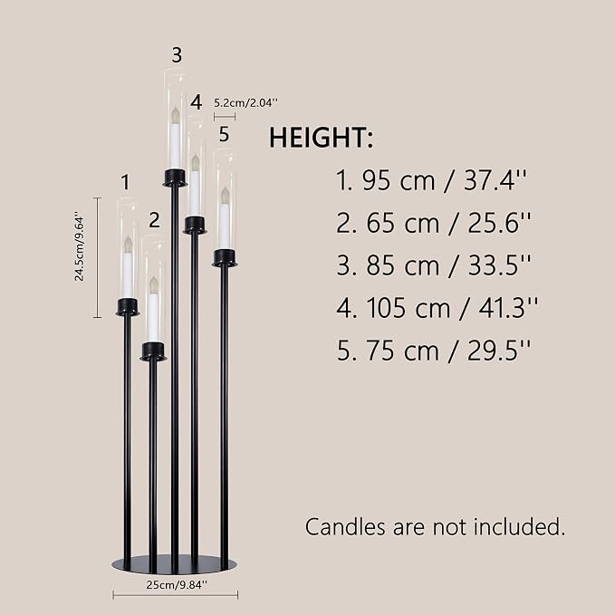 Black Candelabra with Glass Cylinders for Real Candles 5 Head Metal Candle Holder Wedding Centerpiece Ceremony Reception Event Party Home Decoration (2, L)