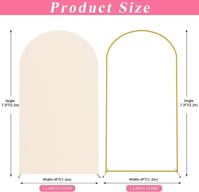 Putros Arch Backdrop Stand and Cover Set, 7.2ft, Gold Arch Stand with Beige Cover, Metal Arched Background Frame for Wedding, Birthday Party, Baby Shower, Photography Decoration