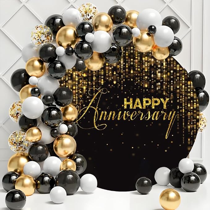 Happy Anniversary Round Backdrop Cover Black and Gold Glitter Bokeh Dots Wedding Anniversary Photo Background Bridal Shower Miss to Mrs Wedding Party Decorations Circular Arch Cover 4ft