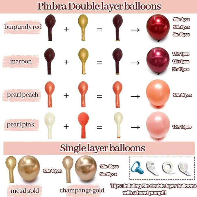 Burgundy Birthday Decorations, Double Stuffed Dark Red Pink Gold Pearl Balloons Happy Birthday Banner Fringe Curtain Foil Balloons for Women Girls Birthday Mother's Day Bridal Shower Party Supplies