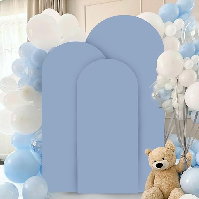 FANPROMS Set of 3 Wedding Arch Cover 6FT 6.6FT 7.2FT Dusty Blue Round Top Spandex Arch Stand Cover Fitted Fabric Balloon Arched Covers for Birthday Party Stretchy Arch Covers Decoration