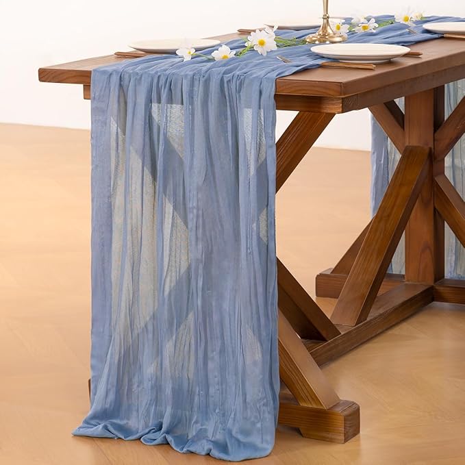 Socomi 2pcs Dusty Blue Easter Spring Cheesecloth Table Runner Boho Rustic Gauze 120 inch 10FT Cheese Cloth Runner for Wedding Party Baby Shower Birthday Home Decor Holiday Decorations