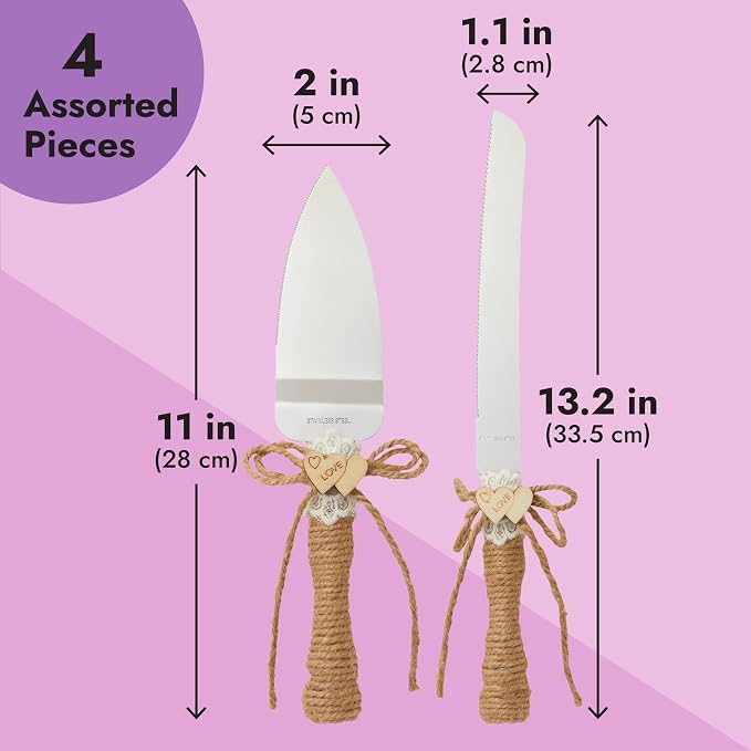 Juvale Wedding Decor Rustic Cake Knife & Server Set with Champagne Flutes - Brown Wood Handles, 13.2in Knife & 11in Server, 7.1oz Flutes - Rustic Wedding Decorations