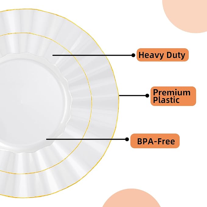 175PCS Gold and White Plastic Dinnerware Set, Plastic Party Plates for 25 Guests, 50 Disposable Plates, 25 Heavy Duty Silverware, 25 Cups, 25 Napkins for Party and Wedding
