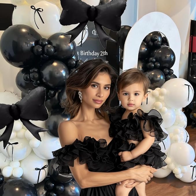 Black Bow Birthday Party Decorations 122pcs black Ivory White Double Stuffed Pearl White Balloons with Bow Foil Balloons for Girl Coquette Birthday Wedding Bridal Party Decorations