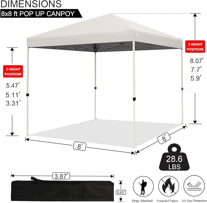 Northroad 8X8 FT Pop Up Canopy, Outdoor Instant Canopy Tent w/Carrying Bag, Portable Gazebo Shelter for Wedding Party,Commercial Event,Patio,Garden,Beach -White