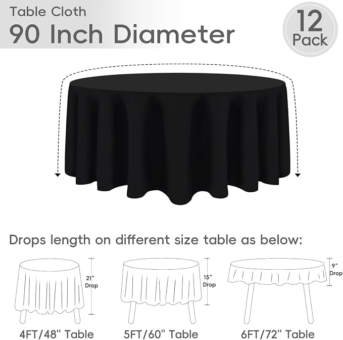 12 Pack Round Tablecloth 90 Inch Cloth Black Tablecloth for Round Tables, Washable Polyester Table Cloth Stain and Wrinkle Resistant Decorative Table Cover for Wedding Party Dining Banquet