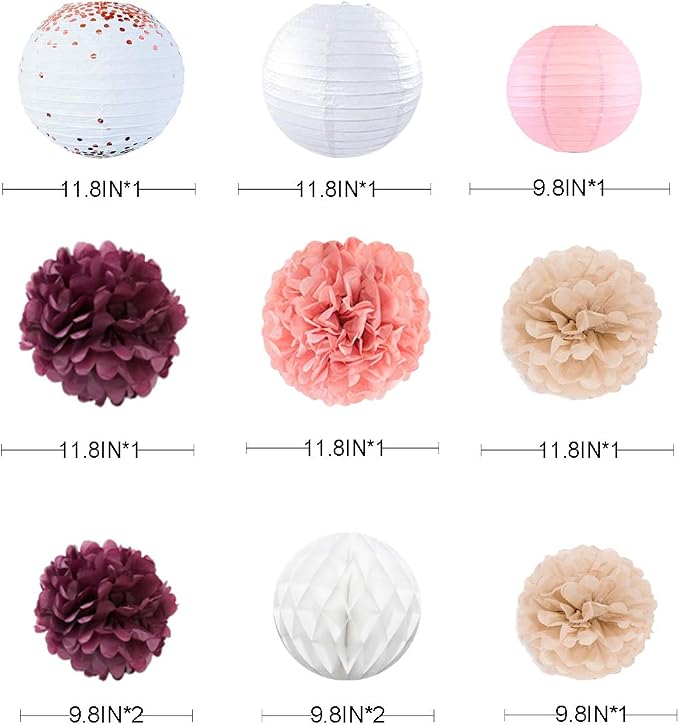 Burgundy Rose Gold Pink Party Decorations Lanterns Flowers Pom Pom with 3D Butterfly Stickers and Leaf Garland Streamers for Birthday Engagement Wedding Bridal Shower Bachelorette Fall Autumn Party