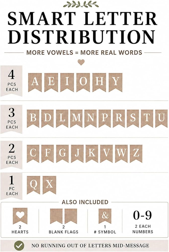 Pre-Printed Banner Kit – 97 BURLAP Flags with WHITE Letters, Numbers & Symbols, Reusable DIY Custom Banner, Make Your Own Personalized Banner for Aesthetic Party Decor, Natural Linen-Look Burlap, Includes Twine & Needles