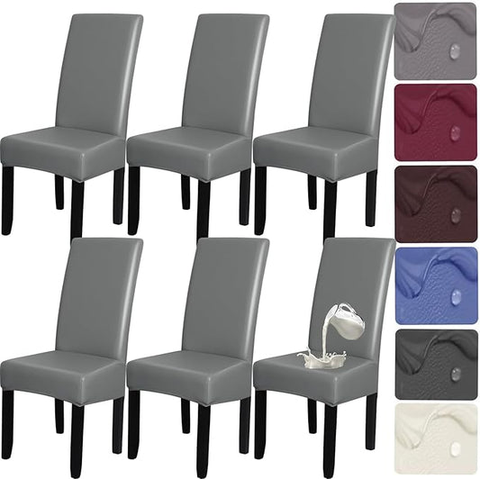 HFCNMY Dining Room Chair Covers Set of 6, Stretch Waterproof PU Soft Slipcovers, Washable Parson Covers for Dining Room, Gray