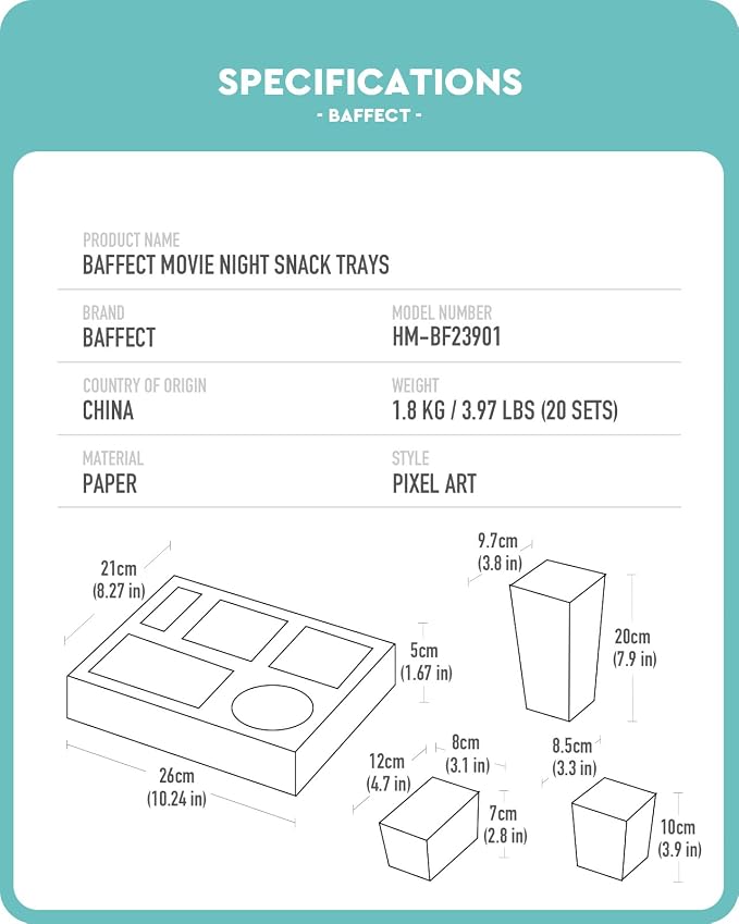 Baffect Movie Night Snack Trays 100pcs Include 20 Pixel Party Trays, 20 Popcorn Boxes, 20 Salad Bowls, 20 Nacho Bowls, 20 Movie Party Invitations, Outdoor Movie Night Supplies For Nacho Bar