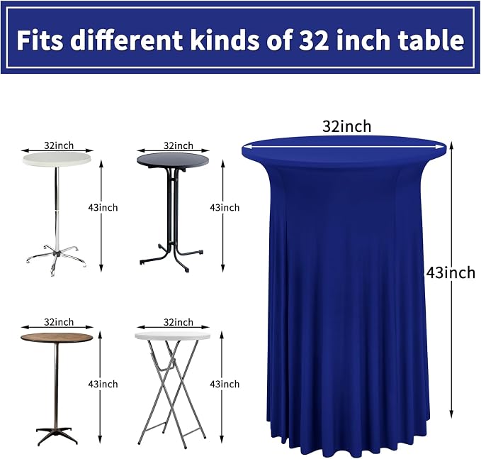 6 Packs Round Cocktail Table Skirt 32"x 43" Spandex Stretch Cocktail Tablecloth with Wavy Drapes, Royal Blue Spandex Fitted High Top Table Covers for Wedding Bar Party Birthday Banquet Tables