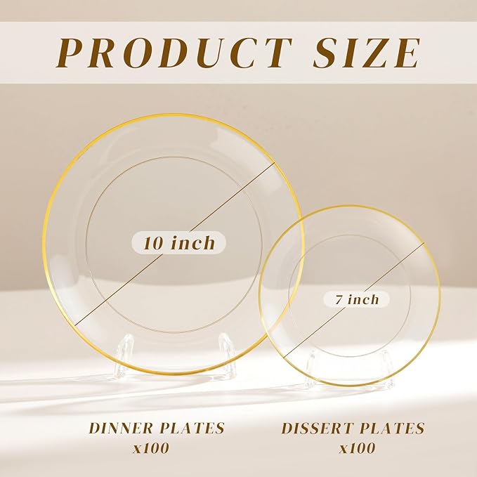 bUCLA 200PCS Clear and Gold Plastic Plates - Clear Disposable Plates with Gold Rim, Includes 100 PCS 10 inch Dinner Plates and 100 PCS 7 inch Dessert Plates for Party&Wedding