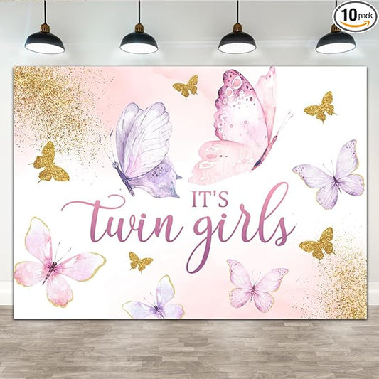 Lofaris 7x5ft It's Twin Girls Baby Shower Backdrop Pink Butterfly Kisses and Bday Wishes Gold Spots Flowers Photography Background for Princess Girl Party Decoration Banner Photo Booth