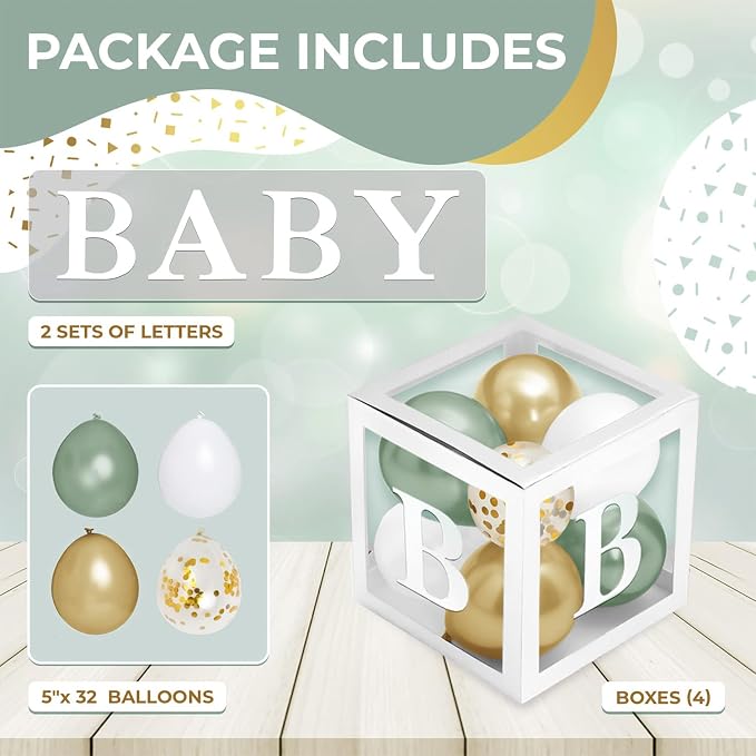44-Piece Baby Shower Decorations for Boy or Girl - 4 Boxes with Letters and 32 Balloons - Sage Green and Metallic Gold (Boho Style) - Gender Reveal Party Supplies - Photo Shoot Backdrop