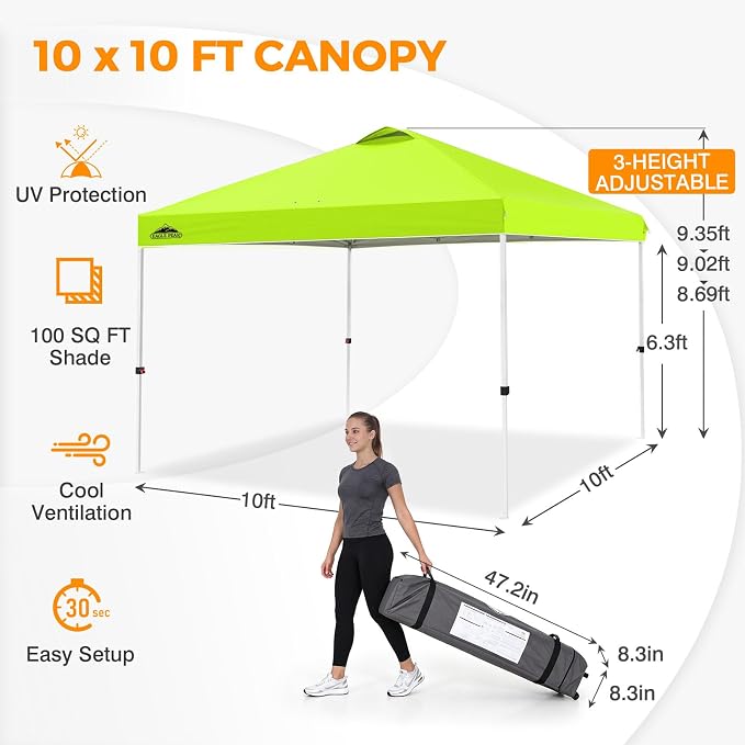 EAGLE PEAK Pop Up Canopy Tent with Wheeled Carry Bag, 8 Stakes, 4 Ropes, 4 Weight Bags, Easy Set Up Tent Canopy, 10x10 ft, 100sqft of Shade, Neon Green