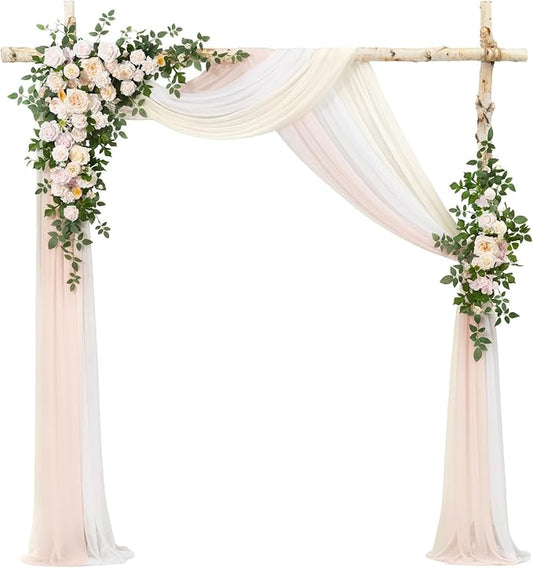 Ling's moment Deluxe Spring Artificial Wedding Arch Flowers with Drapes Kit-Pack of 5, 2pcs Flower Arrangements 3pcs Hanging Sheer Drapes Cream Ceremony Arbor Reception Backdrop Rose Floral Decoration