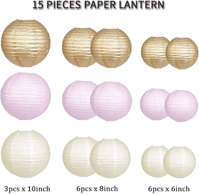 Paper Lanterns Decorative, Round Hanging Paper Lanterns Decorations for Wedding Engagement Baby Showers Birthday Party Supplies Pink/Gold/Ivory 15pcs