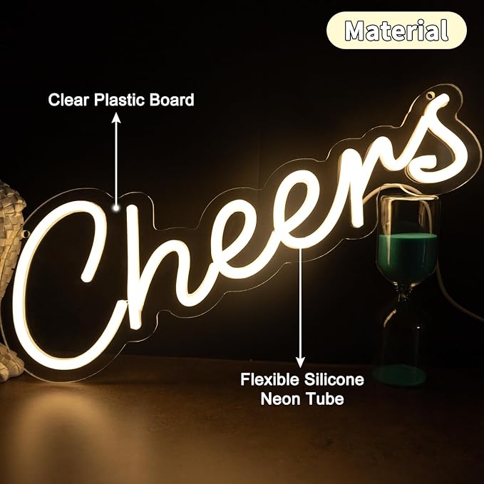 LED Cheers Neon Sign for Home Bar, USB Powered Warm White Bar Light with Dimmable Control, Wedding Party Wall Decor for Kitchen Restaurant 15.75x5.51