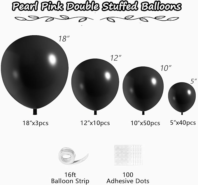108Pcs Black Double Stuffed Balloons Different Size, 18/12/10/5 inch Matte Black Balloons Garland Arch kit for Graduation Halloween New Year Anniversary Birthday Halloween Party Decoration