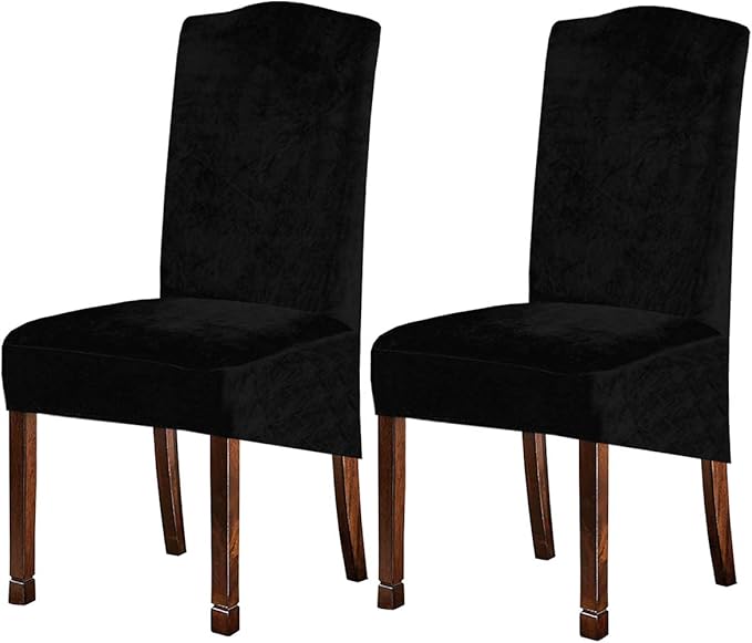 Velvet Plush XL Dining Chair Covers, Stretch Chaircover, Spandex High Chairs Protector Covers Seat Slipcover with Elastic Band for Dining Room,Wedding, Ceremony, Banquet (Black, Set of 2)