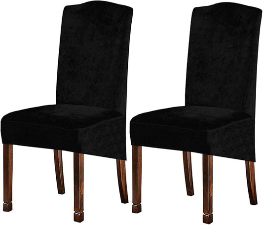 Velvet Plush XL Dining Chair Covers, Stretch Chaircover, Spandex High Chairs Protector Covers Seat Slipcover with Elastic Band for Dining Room,Wedding, Ceremony, Banquet (Black, Set of 2)