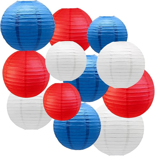 CC wonderland zone 12pcs Red Navy Blue and White Paper Lanterns,Hanging Paper Lanterns for Independence Day,July 4th Party,Memorial Day,Veterans Day,Party Decoration