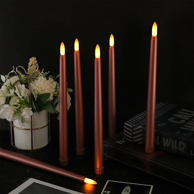Macarrie 24 Packs Flameless Taper Candles Battery Operated Fake 11 Inch Long Candlelight LED Flameless Candlesticks Flickering Tapered for Summer Fall Wedding(Rose Gold)
