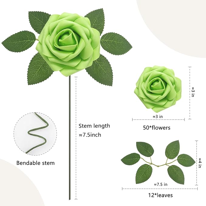 Artificial Flowers 50 Pcs Green Roses Real Looking Foam Fake Roses with Leaves for DIY Wedding Bouquets Bridal Shower Centerpieces Party Decorations (Green, 50)