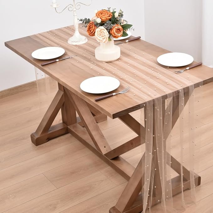 Nude Pearl Table Runner Boho Rustic Tulle Lace Dining Baby Shower Wedding Arch Decor Veil Dessert Holiday Centerpiece Table Decor