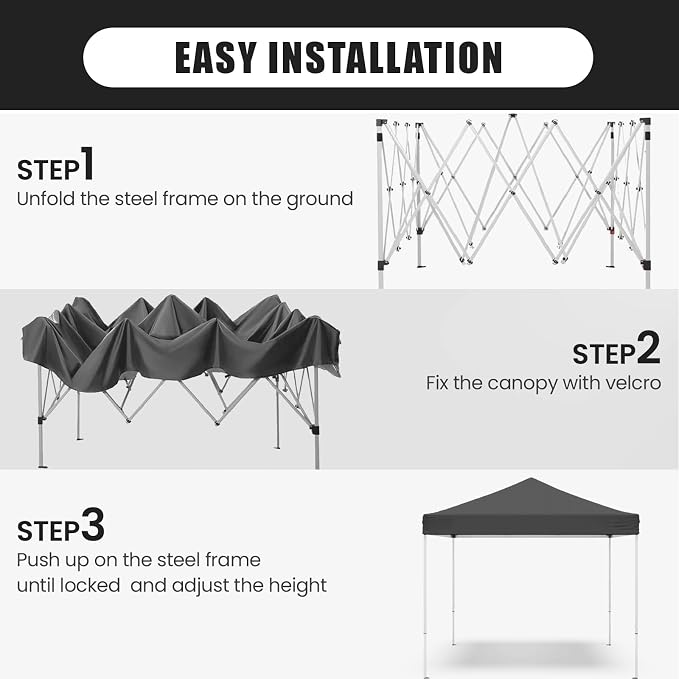 10x10 Pop Up Canopy Tent,Outdoor Canopy with Carry Bag,Easy Up Canopy with 3 Adjustable Height, Outdoor Gazebo Straight Legs,UPF 50+ Event Shelter Tents for Parties,Camping,Market,Patio(Grey)