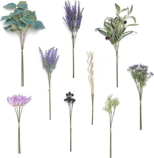 Ling's moment Artificial Greenery Stems Box Set, 37pcs with 9 Kinds of Faux Greenery Picks for DIY Bridal Bouquets Wedding Floral Arrangement Table Centerpieces, Lavender & Plum