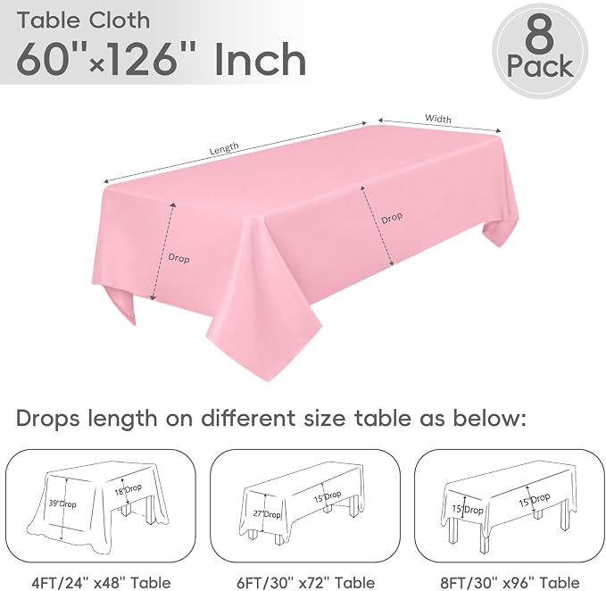8 Pack Pink Tablecloth 60 x 126 Inch Rectangular Table Cloth for 8 Foot Rectangle Tables,Wrinkle Resistant Washable Fabric Polyester for Summer Wedding Party Banquet Buffet