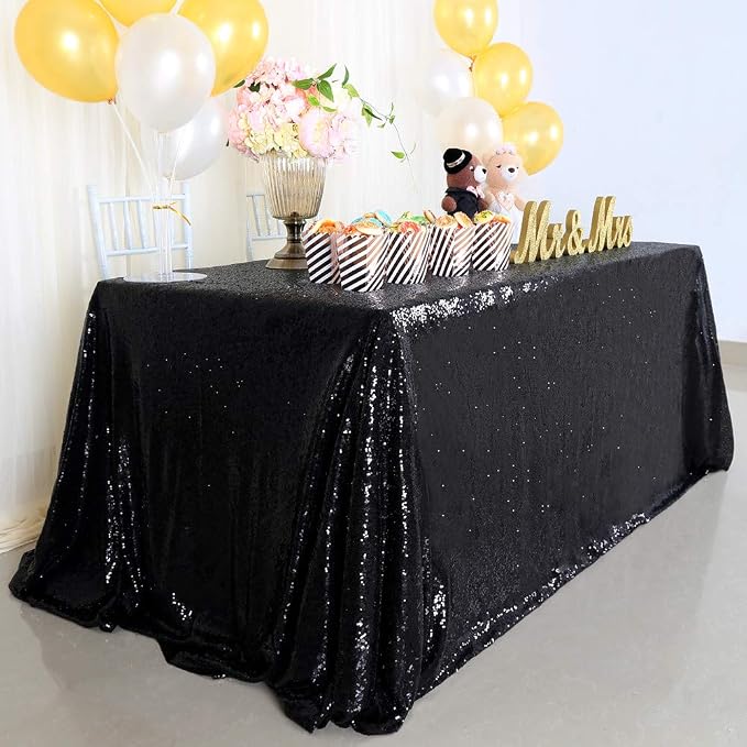 B-COOL Seamless Sequin Table Cloth Black Glitter Design Table Cloth Wedding Overlay Birthday Party Tables Decoration Fabric 90x132-inch (Black)