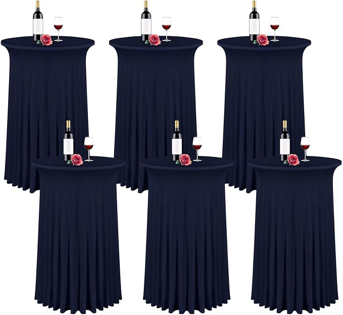 fani 6 Packs 32"x 43" Round Cocktail Table Skirt, Spandex Fitted High Top Table Skirt, Spandex Stretch Cocktail Tablecloth for Wedding Party Bar Banquet Birthday Tables(Navy Blue)