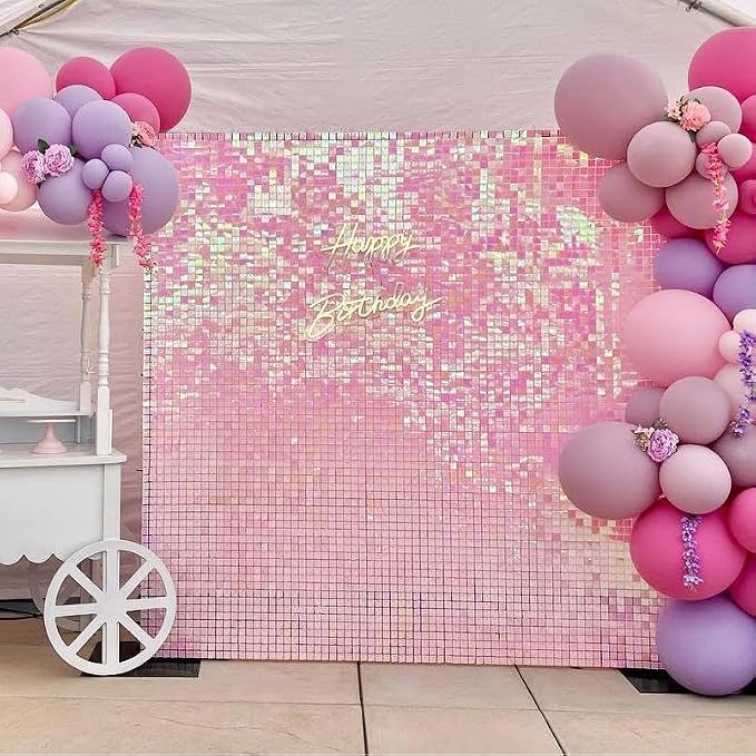 Qcity Iridescent Pink Shimmer Wall Backdrop 36PCS, Black Back Not See-Through Design, Square Sequin Glitter Backdrop Panel, Perfect for Outdoor Events, Birthdays, Wedding and Party Decoration
