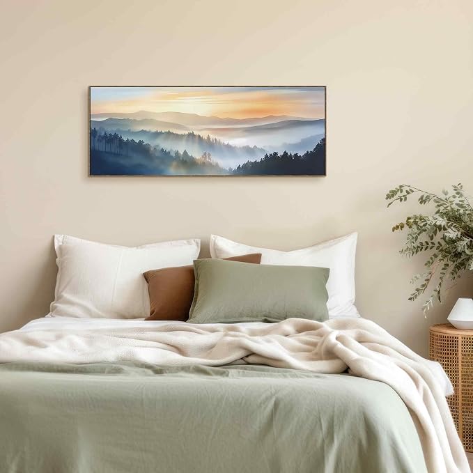 TLESKE Boho Sun Sunrise Sunset Mountain Large Wall Art Decor Framed 15x40, Foggy Forest Woodland Canvas Wall Art Print for Bedroom Above Bed Over Bed Living Room, Landscape Nautre Wall Artwork Picture