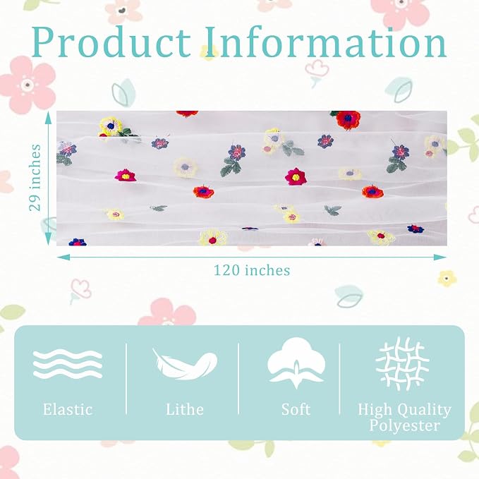 BINBE 1pcs Ivory Daisy Spring Table Runner Embroidery Gauze 10FT Florals Seasonal Tulle Holiday Birthday Kitchen Dining Table Decor for Home Party