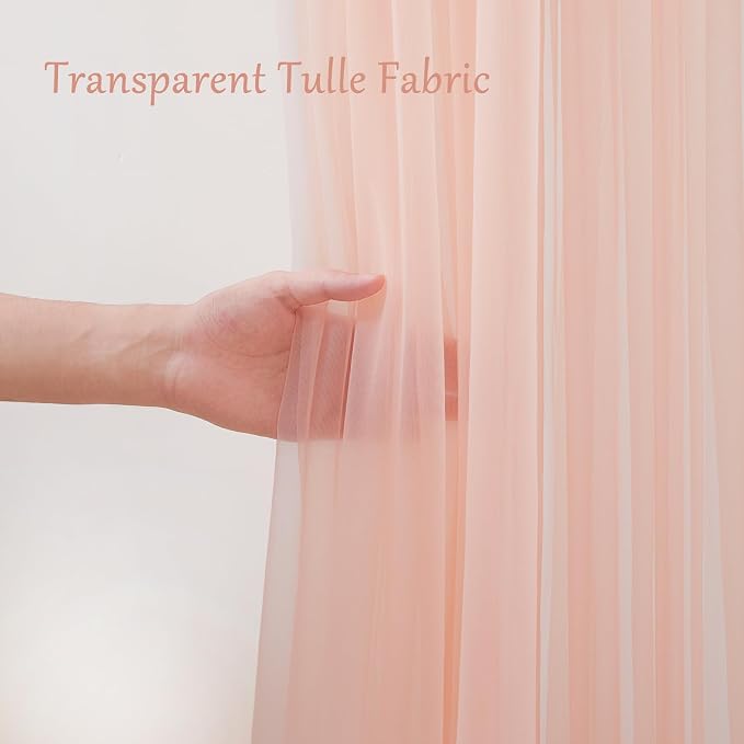 10x8ft Peach Tulle Backdrop Curtain with Lights String for Parites, Sheer Backdrop Drapes for Wedding Baby Shower Birthday Party Photo Shoot Decorations